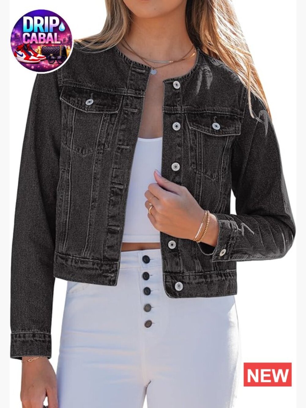 Collarless Button Down Long Sleeve Casual Denim Jacket Western Country Concert